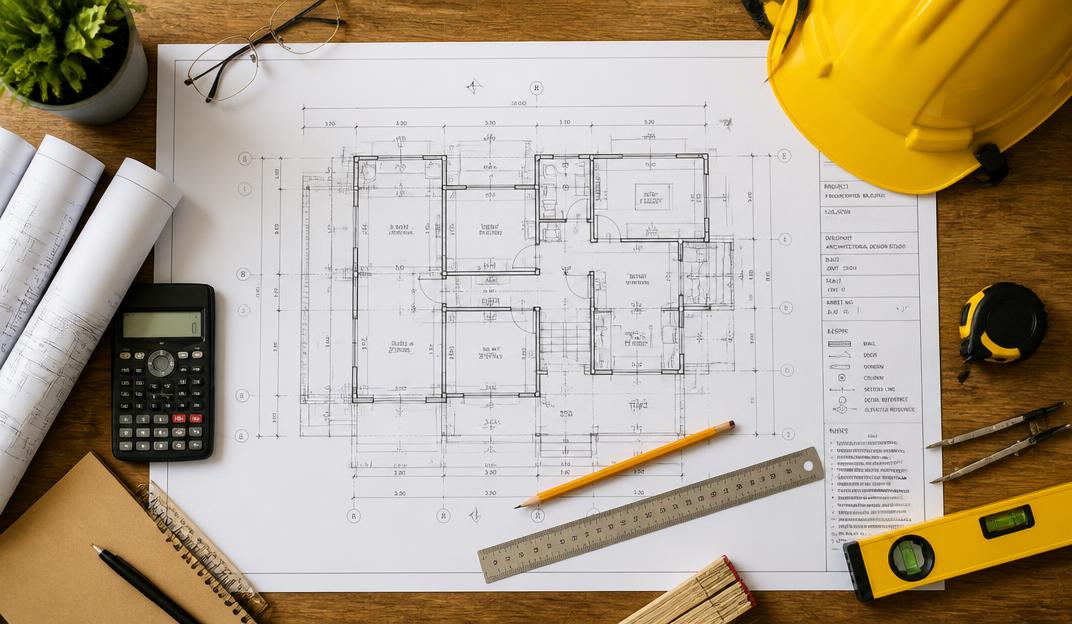 Architectural blueprint with safety helmet