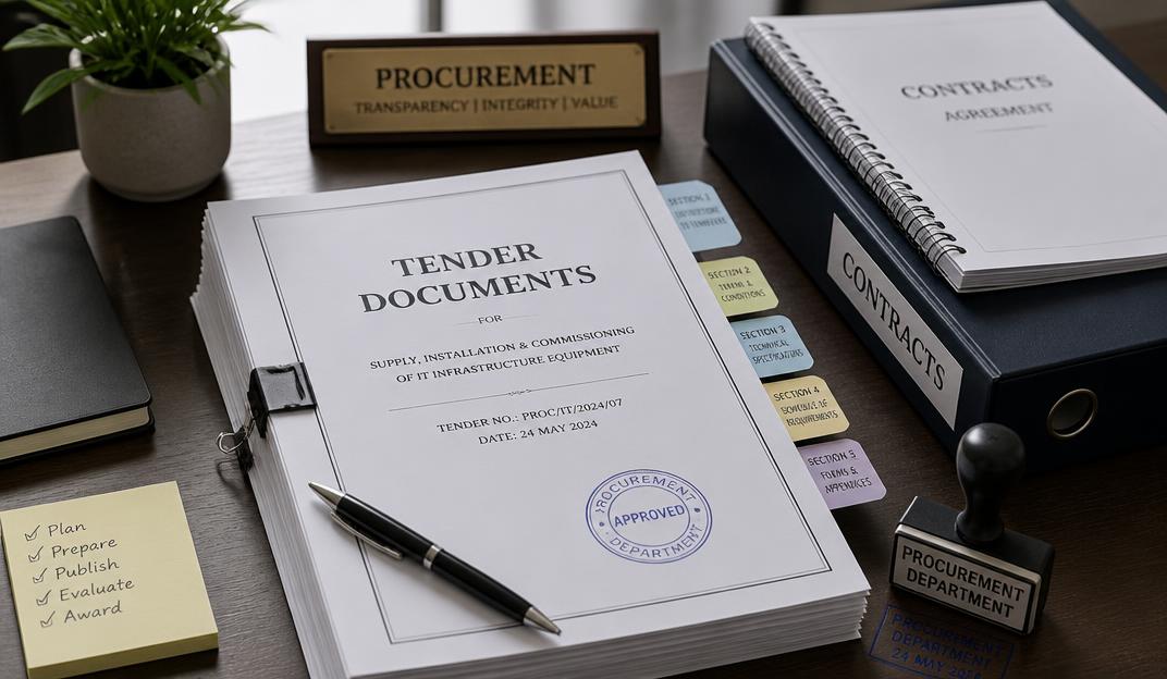 Tender documents with stamp and pen