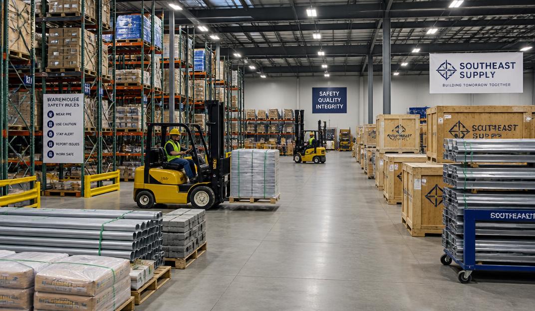 Industrial warehouse with organized shipping crates